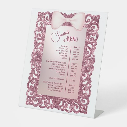 Glitter Lijst Roze Bow Services Menu Reclamebord Met Voetstuk (Voorkant)
