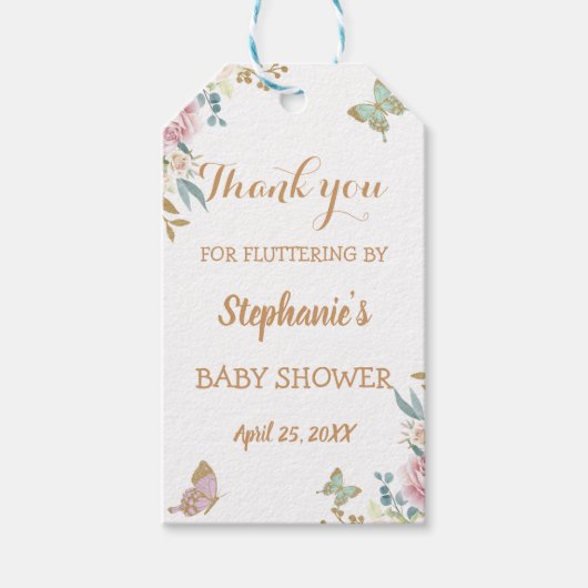 Glitter Little Butterfly Roos Baby shower Cadeaulabel (Voorkant)