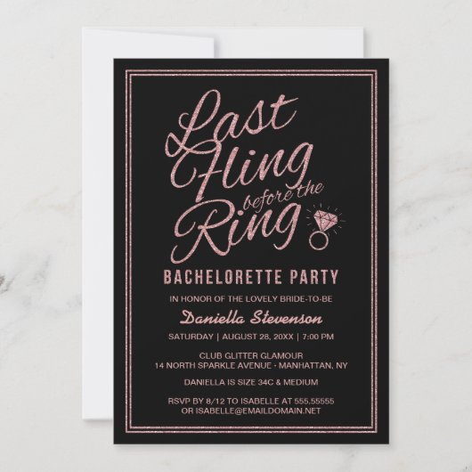Glitter look Last Fling Bachelorette Party Invite Kaart (Voorkant)
