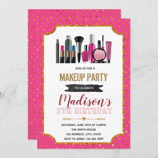 Glitter make keup verjaardagsthemauitnodiging kaart (Voorkant / Achterkant)