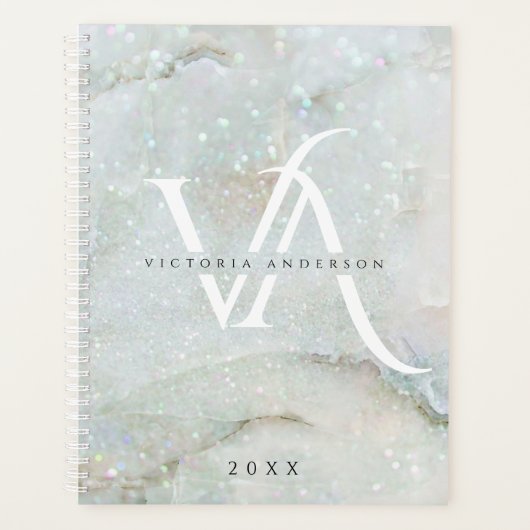 Glitter Marble Elegant White Split Monogram Custom Planner (Voorkant)