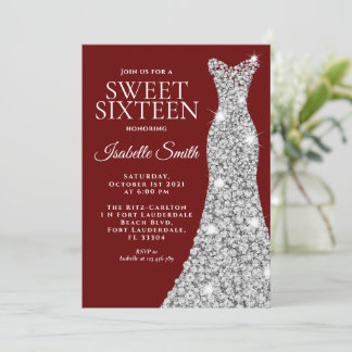 Glitter Maroon Sweet Sixteen Birthday Uitnodiging