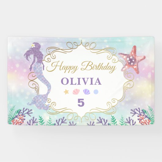 Glitter Mermaid Birthday onder Zee Banner (Horizontaal)