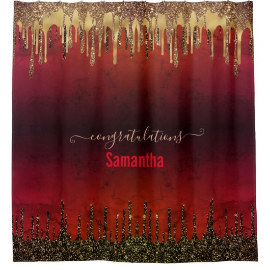 Glitter met roodzwart en goudglitter druppelt mono douchegordijn (Voorkant)