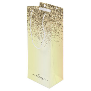 Glitter Metal Monogram Glam Name Gold Glitter Wijn Cadeautas