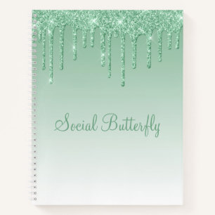 Glitter Mint Green Script Social Butterfly Notitieboek