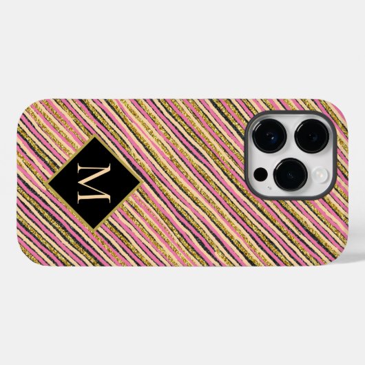 Glitter Modern Stripes Monogram Gold Glitter Case-Mate iPhone Case (Achterkant (horizontaal))