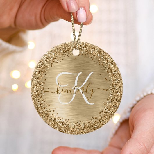 Glitter-monogram goudpenseel keramisch ornament
