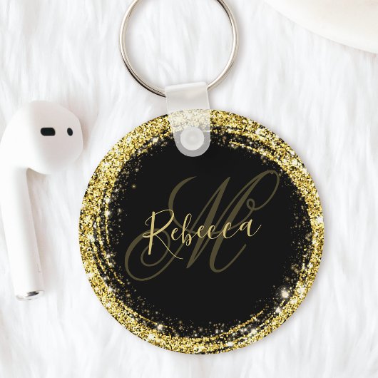  Glitter Monogram Naam Zwart Glam Sleutelhanger