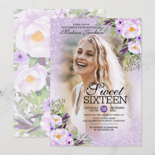 Glitter Paars Floral Foto Sweet 16 Kaart