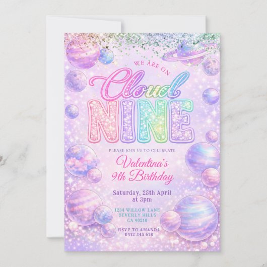 Glitter Pastel Rainbow Space Birthday Party Kaart (Voorkant)