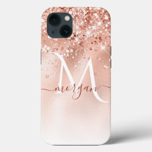 Glitter Peach Roos Gold Monogram iPhone 13 Hoesje