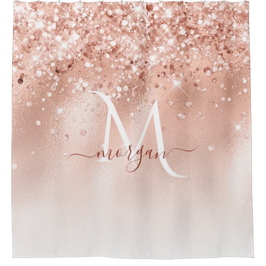 Glitter Peach Roos Gold Monogram Douchegordijn (Voorkant)