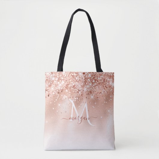 Glitter Peach Roos Gold Monogram Draagtas (Voorkant)