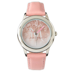 Glitter Peach Roos Gold Monogram Horloge