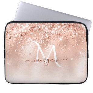 Glitter Peach Roos Gold Monogram Laptop Sleeve