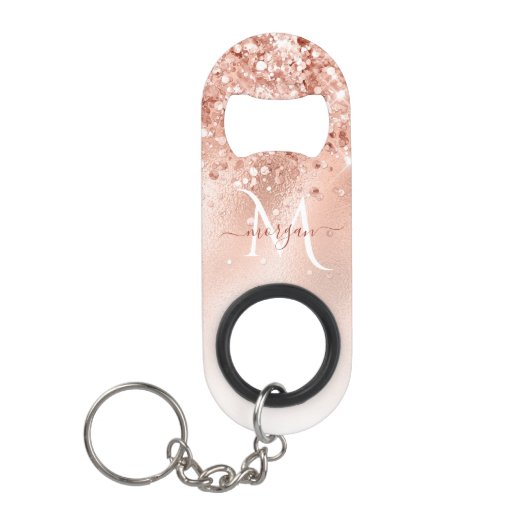 Glitter Peach Roos Gold Monogram Mini Flessenopener (Voorkant)