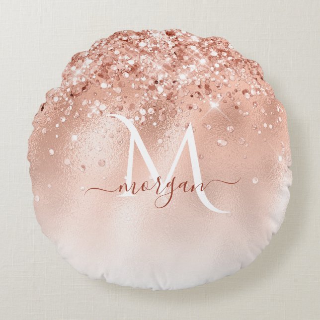 Glitter Peach Roos Gold Monogram Rond Kussen (Voorkant)