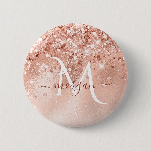 Glitter Peach Roos Gold Monogram Ronde Button 5,7 Cm (Voorkant)