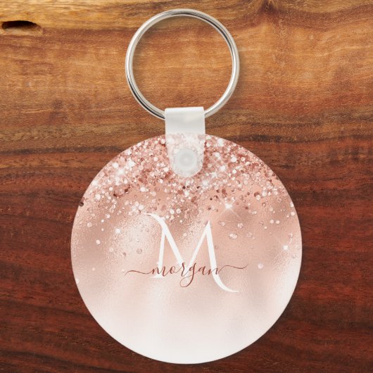 Glitter Peach Roos Gold Monogram Sleutelhanger (Voorkant)