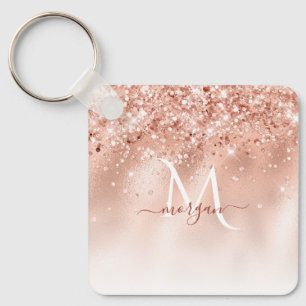Glitter Peach Roos Gold Monogram Sleutelhanger