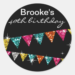 Glitter Pennant Flags 40th Birthday Celebration Ronde Sticker