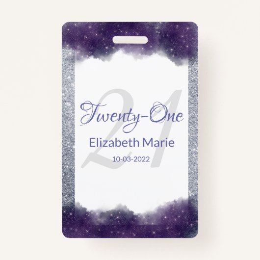 Glitter Personalized Paars Silver 21st Birthday Badge (Voorkant)