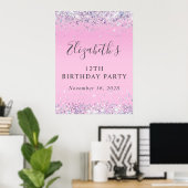 Glitter Pink 12th Birthday Party Poster (Thuiskantoor)