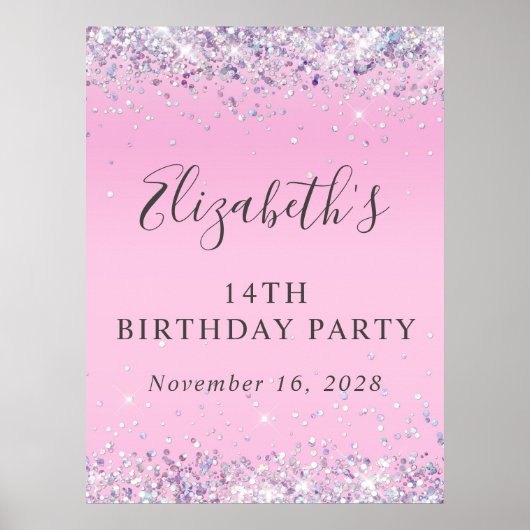 Glitter Pink 14th Birthday Party Poster (Voorkant)