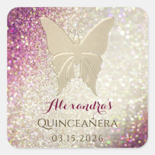 Glitter Pink and Gold Quinceanera Birthday Vierkante Sticker