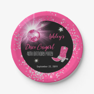 Glitter Pink Disco Cowgirl 40e verjaardag Party Papieren Bordje