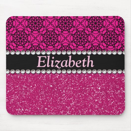 Glitter Pink en Black Pattern Rhinestones Muismat (Voorkant)