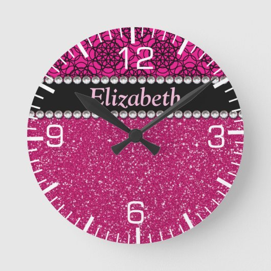 Glitter Pink en Black Pattern Rhinestones Ronde Klok (Voorkant)