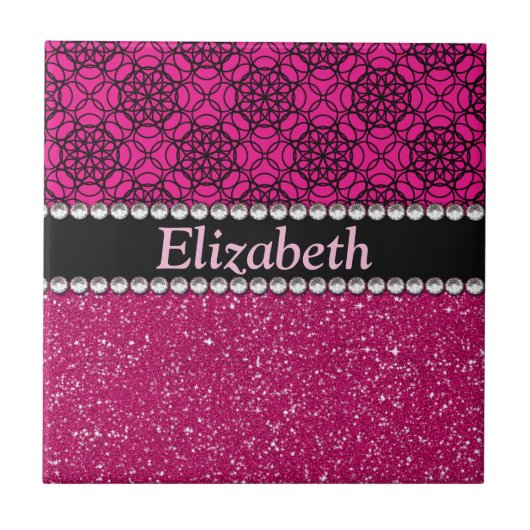 Glitter Pink en Black Pattern Rhinestones Tegeltje (Voorkant)