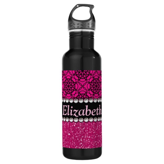 Glitter Pink en Black Pattern Rhinestones Waterfles (Voorkant)