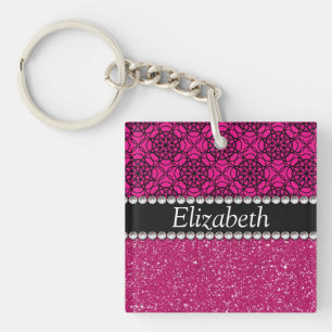 Glitter Pink en Black Pern Rhinestones Sleutelhanger