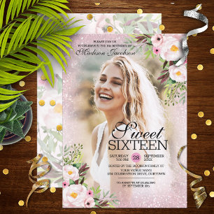 Glitter Pink Floral Foto Sweet 16 Party Kaart