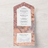 Glitter Pink Marble Wedding White en Roos Gold All In One Uitnodiging (Binnen)