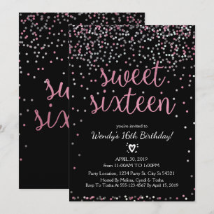 Glitter Pink & Silver Sweet 16 Birthday Uitnodigin Kaart