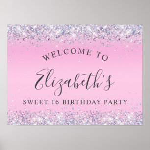 Glitter Pink Sweet 16 Birthday Party Welcome Poster