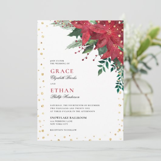 Glitter Poinsettia Rode Bloemen Kerstbruiloft Kaart (Staand voorkant)