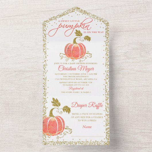 Glitter Pumpkin Baby shower Diaper Raffle All In One Uitnodiging (Binnen)