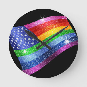 Glitter Rainbow American Flag Clock Ronde Klok