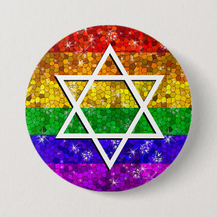 Glitter Rainbow Flag Gay Jewish Star van David Ronde Button 7,6 Cm
