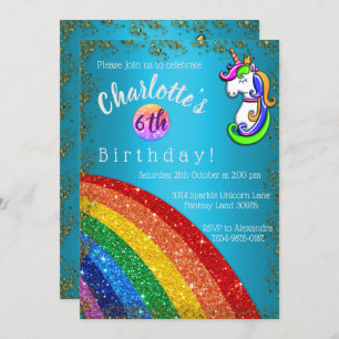 Glitter Rainbow Light Blue Unicorn Birthday Kaart