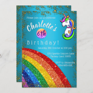 Glitter Rainbow Light Blue Unicorn Birthday Kaart