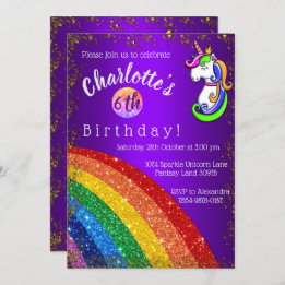 Glitter Rainbow Paarse Unicorn Birthday Kaart