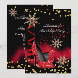Glitter Red High Heels Black Birthday Party Kaart