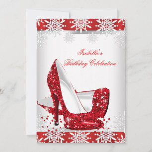 Glitter Red High Heels White Snowflakes Birthday Kaart