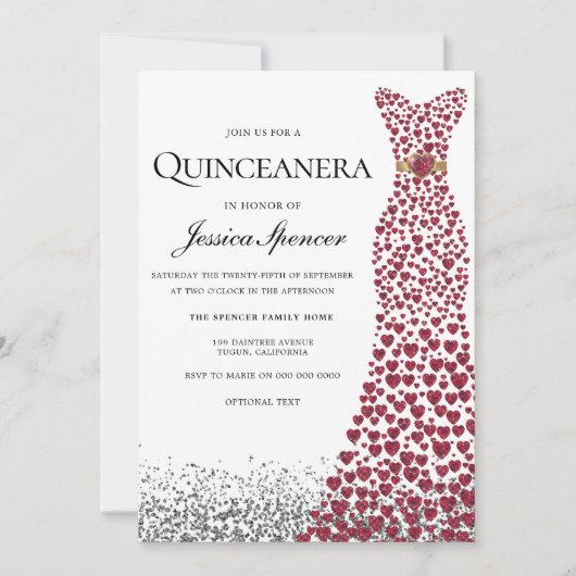 Glitter Red Love Heart Dress Quinceanera Invite Kaart (Voorkant)
